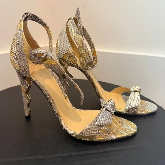 Alexandre Birman Clarita Bow Elegant Snakeskin High Heel Sandals Gold & Silver - Picture 1 of 9